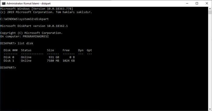 diskpart komut sistemi