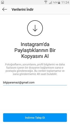 instagram veri indirme talep